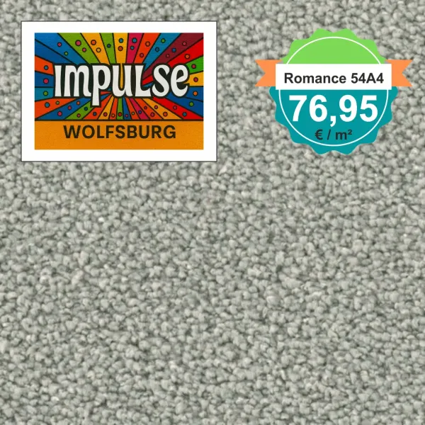 Teppichmuster mit Label „Impulse WOLFSBURG“ und Badge „Romance 54A4 – 76,95 €/m²“